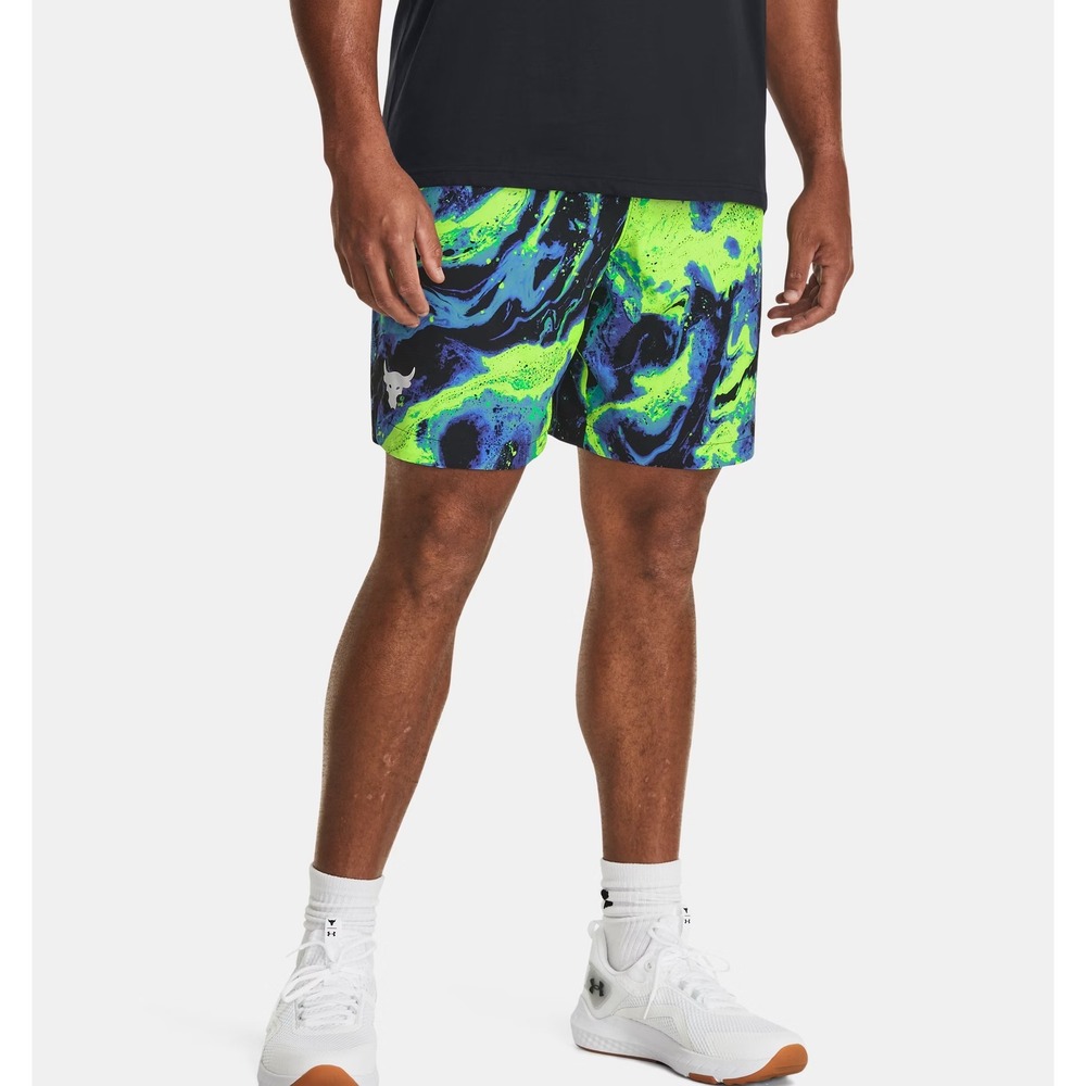 Under Armour Project Rock woven printed Shorts Small Blue Lime Green